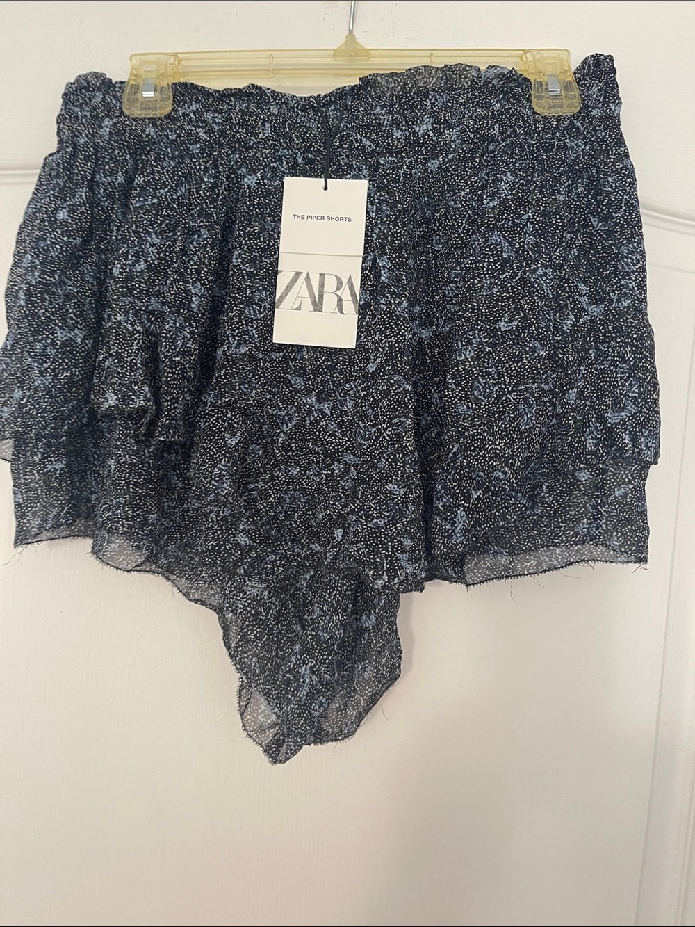 Zara Black and Light Blue Printed Ruffle Shorts